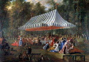 Fest ges av Louis Francois Joseph de Bourbon, prins av Conti till arvprins Charles Guillaume Ferdinand av Brunswick Luebourg (1735-1806), under tältet, i skogen Cassan, på Isle Adam 1766 Bankett i parken. Målning av Michel Ba
