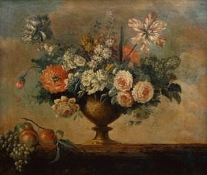 Rosor, tulpaner, nejlikor och andra blommor i en urna (olja) av Michel Bruno Bellenge