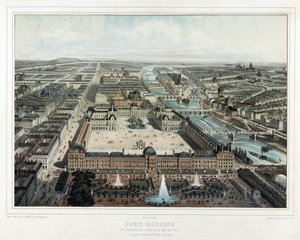 Moderna Paris - Tuilerierna, Louvren och Rue de Rivoli, utsikt från Jardin des Tuileries (nordväst), pub. 1850 (färglitografi)