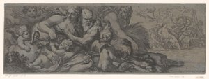 Faun med bacchante en putti av Michel Dorigny (attributed to)