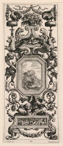 Prydnadspanel med en korg med blommor och en krans, skylt 10 från Book of Diverse Grotesques målad i Reyne Regentes kabinett och bad, vid Kungliga slottet