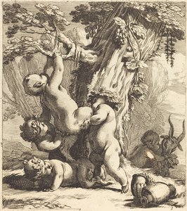 Putti och fauner som klättrar på en vinranka