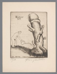 Ex libris av Gianni Mantero Ex eroticis GM (titel på objekt) La petite jardinière (titel på objekt) av Michel Fingesten (signed by artist)