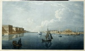 Börsen och Marmorpalatset i Sankt Petersburg. Beskrivning av Nevas stränder. Verk av Michel Francois Damam Demartrait (1763-1827), litografi, miljö