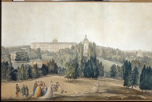 Utsikt över Tsarkoye Selo (Sankt Petersburg). Kejsarinnan Katarina II:s strandpromenad (1729-1796). (Utsikt över Tsarkoye Selo. Kejsarinnan Katarina II går). Verk av Michel Francois Damam Demartrait (1763-1827), gravyr och akvarell. fransk konst