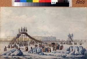 En berg-och dalbana ramp på Neva vid Shrovetide (A Roller coaster on the Neva at Shrovetide). Verk av Michel Francois Damam Demartrait (1763-1827). Akvarell och tusch på papper, ca 1810, 33 x 54 cm, fransk konst, klassicism. A. Pushkin Memorial M