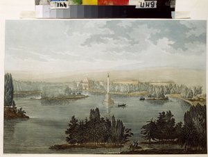 Utsikt över Tsarskoye Selo. Chesme-kolumnen. (Utsikt över Tsarskoye Selo. Chesme-kolonnen). Verk av Michel Francois Damam Damartrait (1763-1827), gravyr färgad med akvarell
