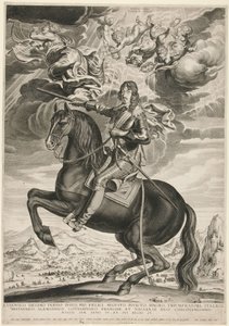 Ryttarporträtt av Ludvig XIII (Bourbon) (1601-1603) vid 33 års ålder. Landskapet är efter Callot av Michel Lasne
