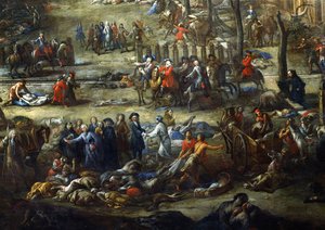 Utsikt över Cours Belsunce, Marseille, under pesten 1720, detalj som föreställer kardinalen av Belsunce med en grupp lik av pestoffer av Michel Serre