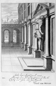Iphis hänger sig själv i förtvivlan över att han inte kunde vinna Anaxarete, 1655 av Michel de Marolles