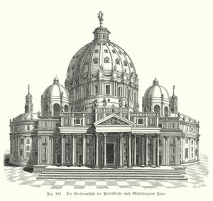Vy över Michelangelos design för fasaden av Peterskyrkan, Rom, Italien (gravyr)