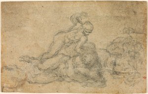 Michelangelo - David och Goliat. Verso linjerade arkitektoniska studier, ca 1550-1556, I, 32a