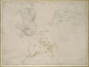 En ryttare som laddar och andra studier (penna och brunt bläck med och över svart krita på benvitt papper) av Michelangelo Buonarroti