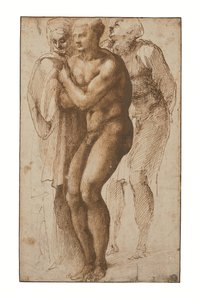 En naken man (efter Masaccio) och två figurer bakom honom (penna och två nyanser av brunt bläck, brun lavering, vattenstämpel) av Michelangelo Buonarroti
