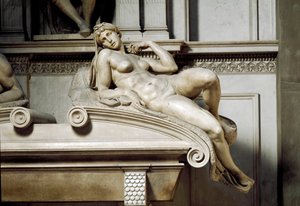 Allegori av norrsken. Graven av Laurent II av Medicis. Marmorskulptur 1531 av Michelangelo Buonarroti