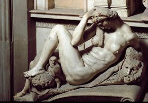 Allegori om natten. Giuliano de Medicis mausoleum. Skulptur i marmor av Michelangelo Buonarroti