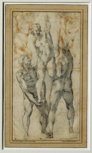 Två nakna män som lyfter en tredje, ca 1502-06 ... av Michelangelo Buonarroti