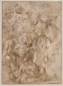 "Studier för en helig familj med Johannes döparen som barn" (Studier för en helig familj med Johannes döparen som barn) Teckning av Michelangelo Buonarroti (1475-1564) - 1505 - Penna, pensel, tusch på papper Dim 28, 7x20 ,9 cm Staatliche Museen, Berlin av Michelangelo Buonarroti