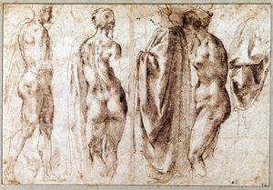 Grupp om fyra stående figurer och ett draperi Teckning i pennan av Michelangelo Buonarroti dit Michelangelo (Michelangelo eller Michel Ange av Michelangelo Buonarroti