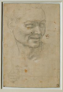 Ignudons huvud och högra hand ovanför och till vänster om Jesaja av Michelangelo Buonarroti