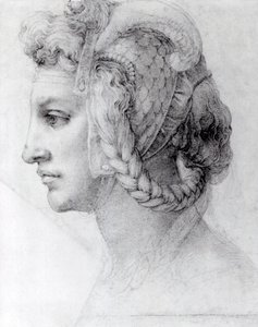 Idealiskt kvinnohuvud, ca 1525-28 (svart krita på papper) av Michelangelo Buonarroti