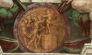Medaljongen representerar förstörelsen av statyn av guden Baal..., 1508-1512. av Michelangelo Buonarroti
