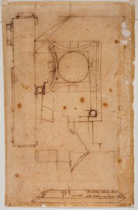 Del av huvudbyggnad, fasadplan och skisser med autografiska noteringar om mått av Michelangelo Buonarroti