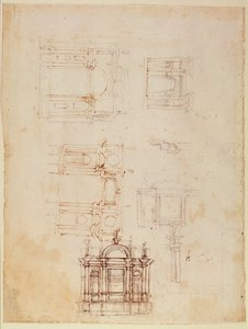 Studier för arkitektonisk komposition i form av en triumfbåge, c.1516 (svart krita med penna och brunt bläck på papper) (recto) (för verso se 191776) av Michelangelo Buonarroti