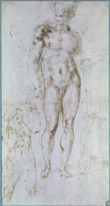 Studie för Apollo (tidigare Merkurius) stående naken med en kappa draperad över sina axlar och figuren av en man som bär en börda