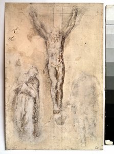Studera för en korsfästelse Representation av Kristus på korset med Jungfrun och Sankt Johannes. Teckning av Michelangelo Buonarroti dit Michelangelo (Michelangelo eller Michel Ange av Michelangelo Buonarroti