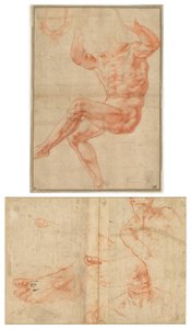 Studera för naken ungdomar över profeten Daniel (recto); Figurstudier för det sixtinska taket (verso) av Michelangelo Buonarroti
