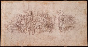 Studie av figurer för en narrativ scen (svart krita på papper) (recto) (för verso se 191764) av Michelangelo Buonarroti