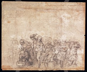 Figurstudie för en berättande scen (svart krita på papper) (verso) (för recto se 191777) (se även 191767) av Michelangelo Buonarroti