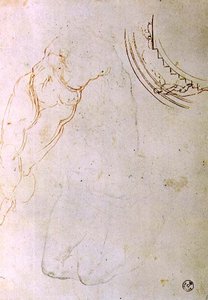 Studie av en liggande figur med korsade ben och en design för en lunette som visar en figur som monterar en trappa (penna & bläck, krita och kol på papper) av Michelangelo Buonarroti