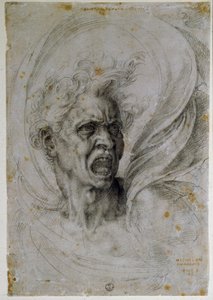 Studerar huvudet på en skrikande man. Teckning av Michelangelo Buonarroti känd som Michel Ange eller Michelangelo eller Michelangelo (1475-1564). Florens, Uffizimuseet (Florens, avdelningen för tryck och teckningar av Uffizierna). av Michelangelo Buonarroti