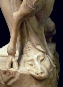The Drunkenness of Bacchus, detalj av ett panterhuvud, skulptur av Michelangelo Buonarroti 1475-1564, 1496-97 marmordetalj av 52672