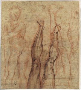 Den uppståndne Kristus, tre fjärdedels lång naken ritad över studier av ett ben och en fot av Michelangelo Buonarroti