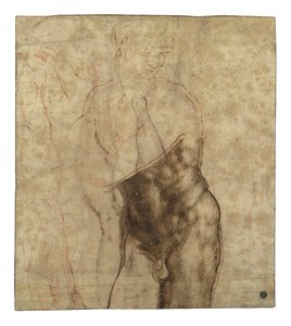 Den uppståndne Kristus, tre fjärdedels lång naken tittar ner till höger av Michelangelo Buonarroti