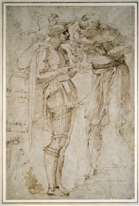 Tre män i samtal (penna och brunt bläck på papper) av Michelangelo Buonarroti