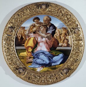 Tondo Doni: Den heliga familjen med Johannes döparen - olja på panel av Michelangelo Buonarroti