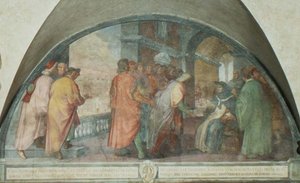 St. Antoninus grundar Company of Good Men på San Martino, lunette (fresk) av Michelangelo Cinganelli
