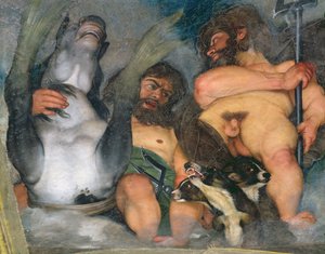 Allegori över elementen, universum och zodiakens tecken, detalj av Neptunus och Triton med Cerberus, den trehövdade hunden, 1597 olja på gips detalj av 107109