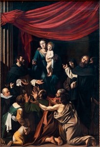 Madonna vid rosenkransen (olja på duk av Michelangelo Merisi da Caravaggio