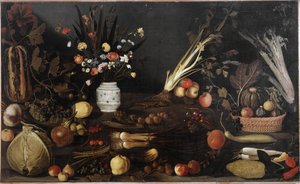 Stilleben med blommor och frukter - olja på duk c.1590 av Michelangelo Merisi da Caravaggio