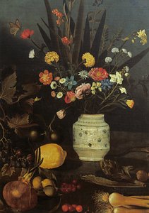 Stilleben med blommor och växter (olja på duk) (detalj av 624933) av Michelangelo Merisi da Caravaggio