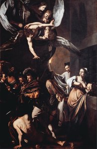 De sju verken av misericorde (Sette opere di misericordia). Cimon dömer att svälta i fängelset livnär sig på bröstet på sin dotter Pero (Roman Charity) och i bakgrunden bär en man en fackla i lågor för att dra ut ett lik. Överst har jungfrun t av Michelangelo Merisi da Caravaggio