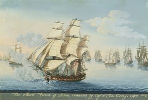 Skeppet Mount Vernon från Salem som överlistar en fransk flotta (akvarell på papper)