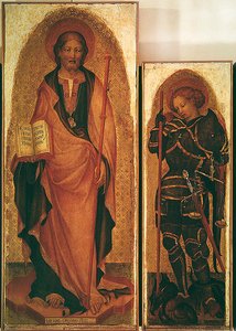 Sankt Jakob med helgon, detalj av Sankt Jakob och ärkeängeln Mikael, ca 1450 (tempera på panel med guld) (detalj av 256989)