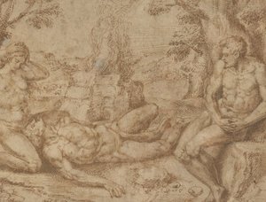 Adam och Eva sörjer Abels död, ca. 1576. av Michiel Coxie
