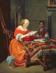 En kvinna som läser ett brev med en svart närvarande, 1670